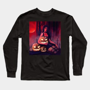 Young cute witch with Halloween Pumpkins Long Sleeve T-Shirt